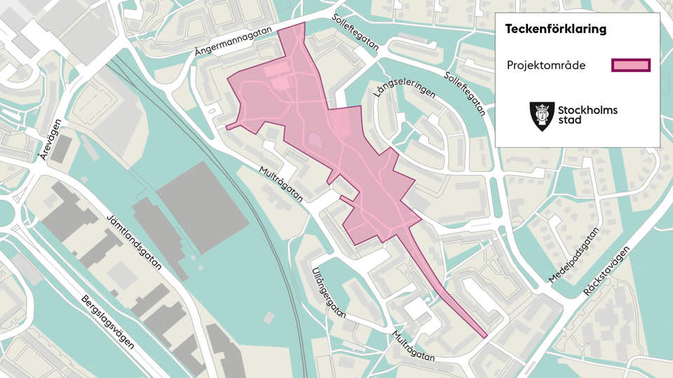 Parken Ådalen med projektområde markerat i rosa, karta.